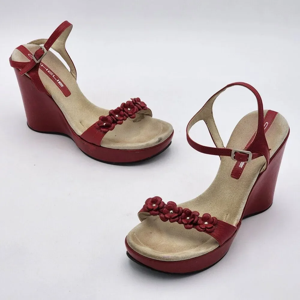 Ophelie Y2K 90s Flower Leather Platform Wedge Heel Sandals Red Size 38 EU RARE